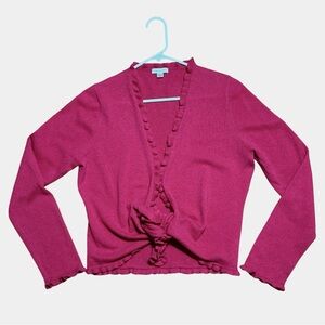 Garnet Hill 100% Cashmere Ruffle Tie Cardigan Sweater In Pink Raspberry Sz M